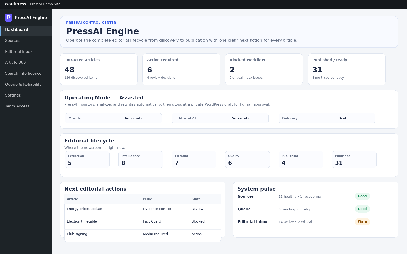 PressAI Engine control center