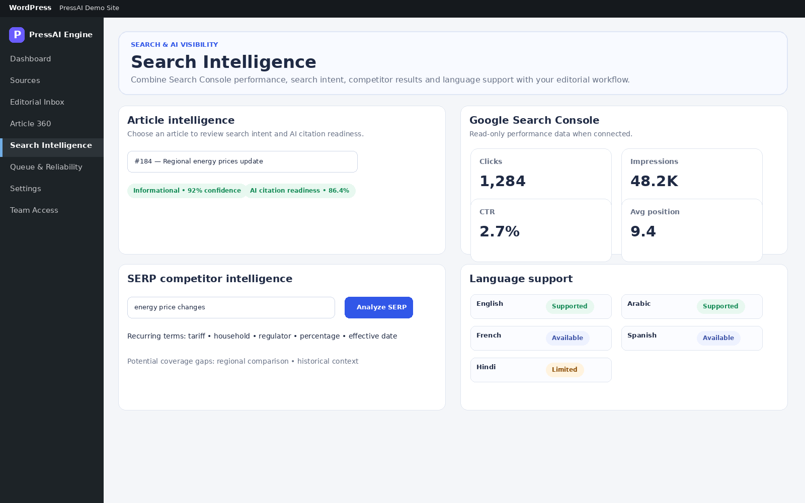 PressAI Search Intelligence workspace